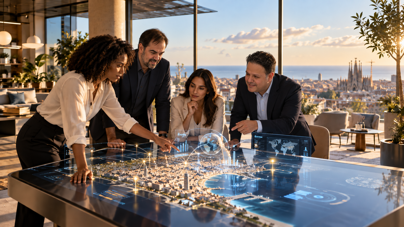 Team reviewing an AI-powered market dashboard in Barcelona